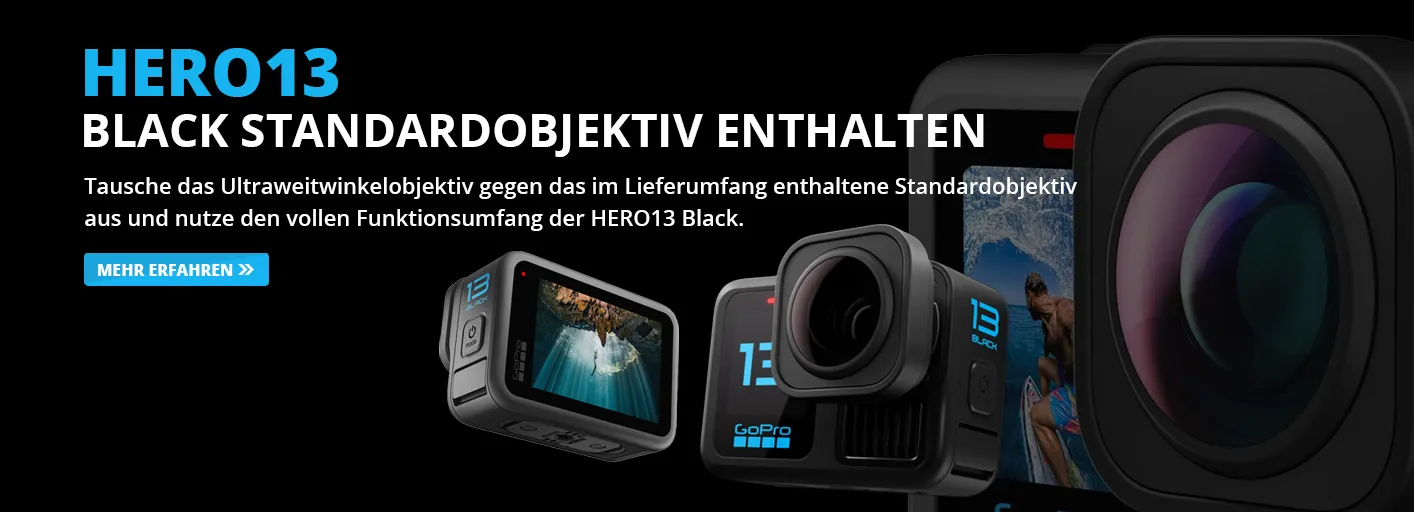 Hero13 GoPro HERO13 Black Kameras in verschiedenen Perspektiven mit Text 'HERO13 BLACK STANDARDOBJEKTIV ENTHALTEN' und Button 'MEHR ERFAHREN'