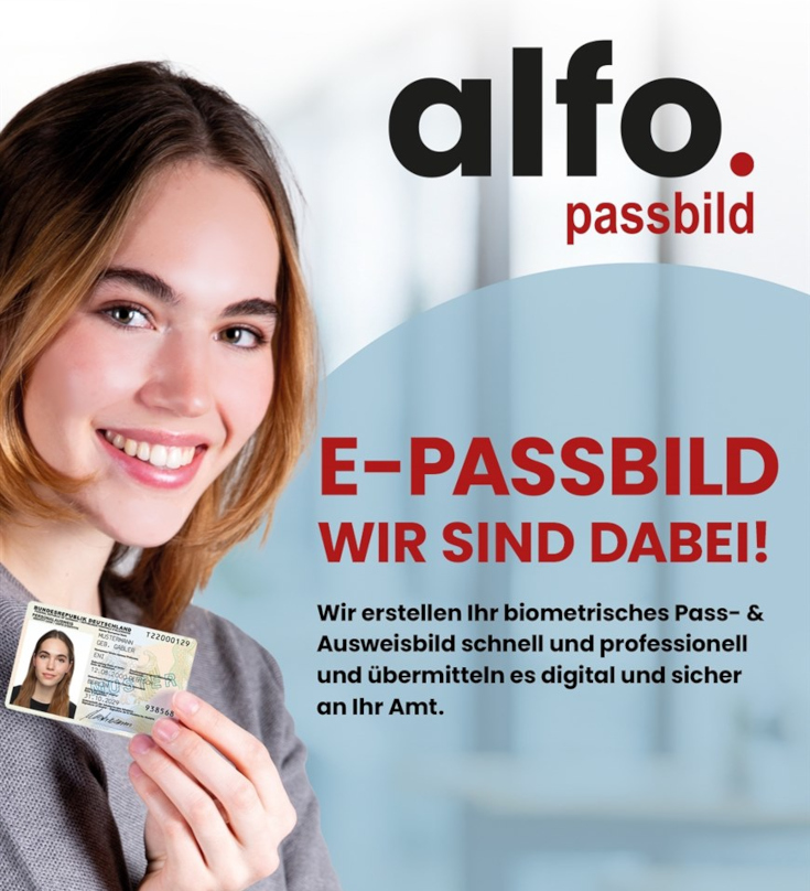 alfo.passbild Frau hält Personalausweis, daneben Text 'alfo passbild' und 'E-PASSBILD WIR SIND DABEI! Wir erstellen Ihr biometrisches Pass- & Ausweisbild schnell und professionell und übermitteln es digital und sicher an Ihr Amt.'