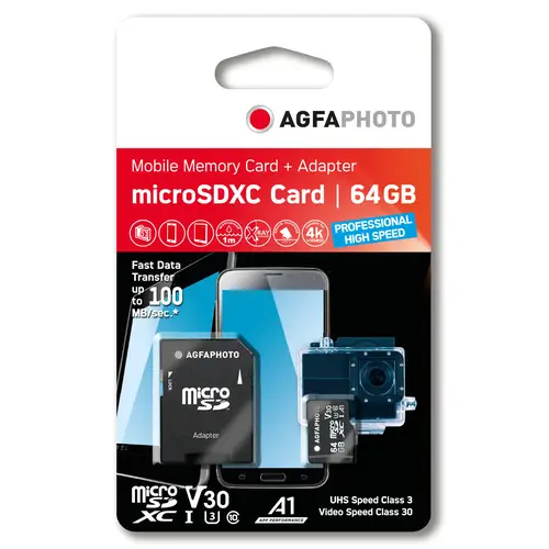 AgfaPhoto 64GB microSDXC-Karte inkl. Adapter UHS-I C10/U3/V30/A1 95/100MB/s