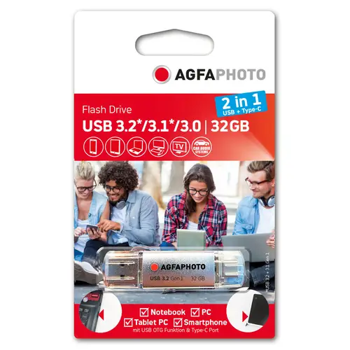 AgfaPhoto USB-Stick 32GB, USB 3.0 2in1 (USB+Type-C) silber (15/45MBs)