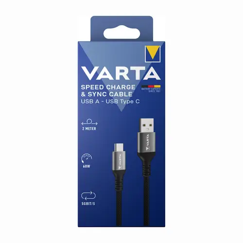 Varta USB Type A to Type C 60 Watt, 2m Speed Charge & Sync Cable, 5 Gbit/s