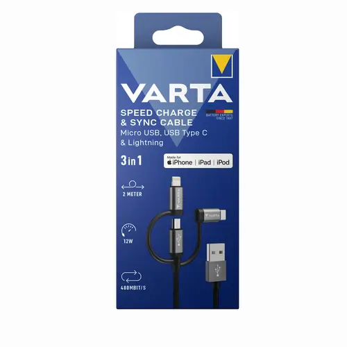 Varta Micro USB, USB Type C & Lightning Speed Charge & Sync Cable, 480 Mbit/s 2m