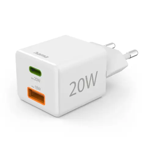 Hama 20W Schnellladegerät, 1x USB-C PD, 1x USB-A QC, Mini Ladegerät, weiß