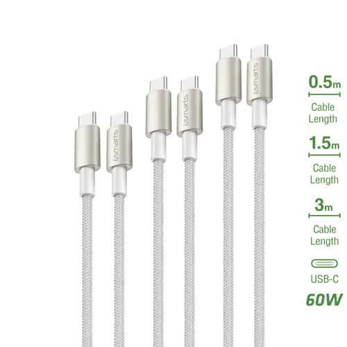 4smarts USB-C auf USB-C Kabel Premium Cord 60W 3er Set 0,5m+1,5m+3m weiß/sil