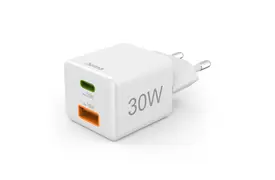 Hama 30W Schnellladegerät, 1x USB-C PD, 1x USB-A QC, Mini Ladegerät, weiß